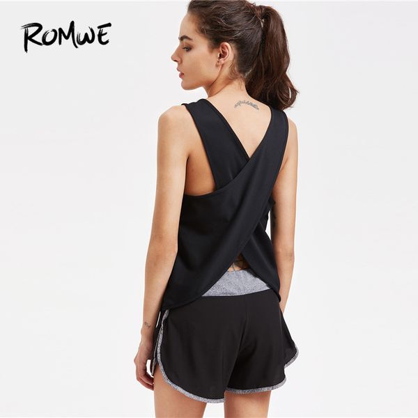 

romwe sport black solid wrap polyester slim running vest yoga female 2018 stretchy workout sports crop tank women gym vest, Black;blue