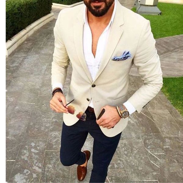 Compre Traje De Hombre A Medida Traje Beige Blazer Azul Marino Pantalones 2 Piezas Novio Esmoquin Slim Fit Boda Para Hombre Prom Trajes De Fiesta