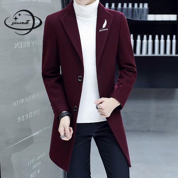 

yauamdb mens wool coats spring autumn m-4xl male blends jackets clothing single button feather embroidery man outerwear ly198, Black