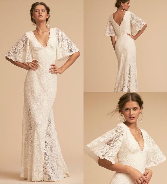 

простой элегантный свадебные платья 1/2 рукава bhldn русалка глубокий v sheer шеи vestidos де novia кружева аппликация спинки свадебные плат, White