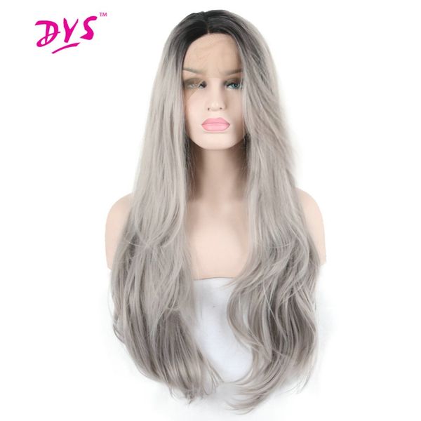 

deyngs long wavy black root ombre grey lace front wig synthetic hair for black women half hand tied with natural hairline