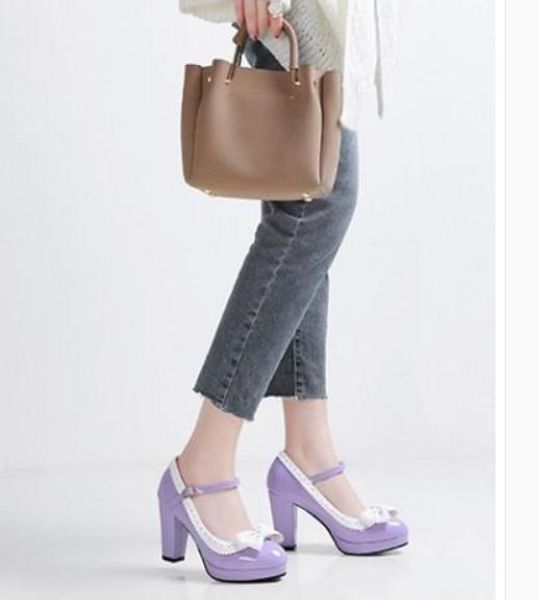 

women's shoes spring and autumn high coarse heel bowknot, Black