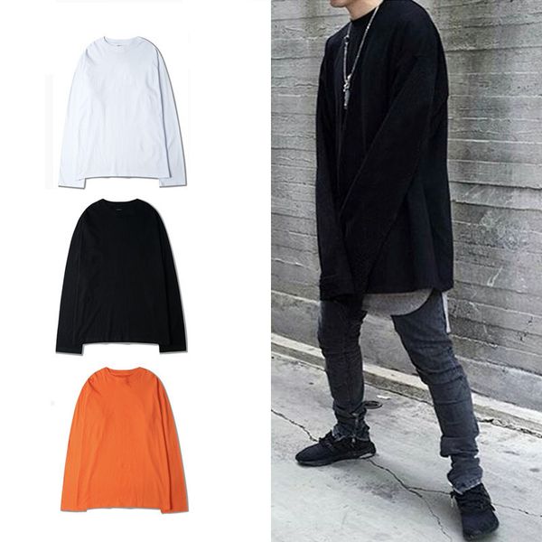 

very good quality extended long sleeve t shirt skateboards streetwear mens hiphop t-shirt kanye solid oversize cotton tees, White;black