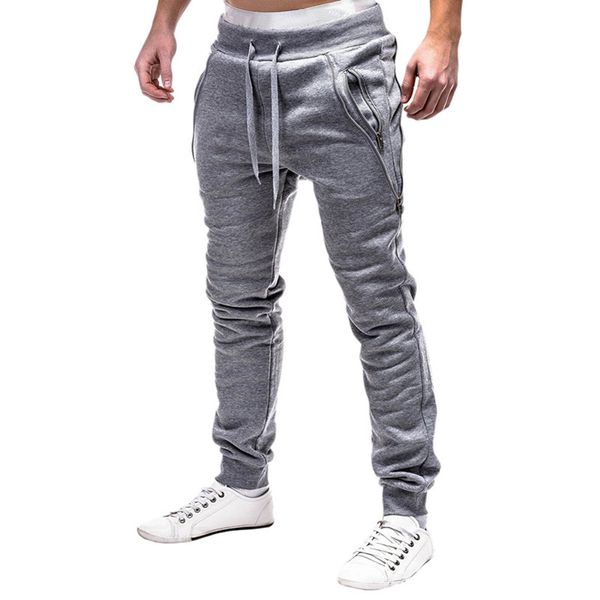 

2018 new fashion men's fake zippers sweatpants casual pants men drawstring jogger pants solid leisure male sweatpants jogger, Black