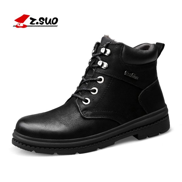 

z.suo winter men leather ankle boots big size add fur warm hombre safety snow shoes fashion lace up rubber motorcycle footwear, Black