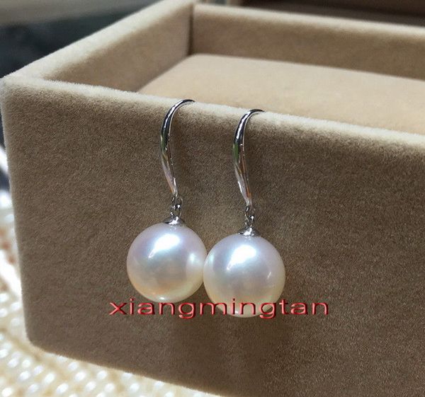 

natural real 14k gold 12-13mm south sea round white pearl dangle earrings, Silver