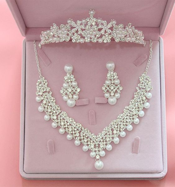 

fashion silver flower crystal pearl bridal choker necklace earrings tiara crowns bride headband wedding jewelry sets accessories, Slivery;golden