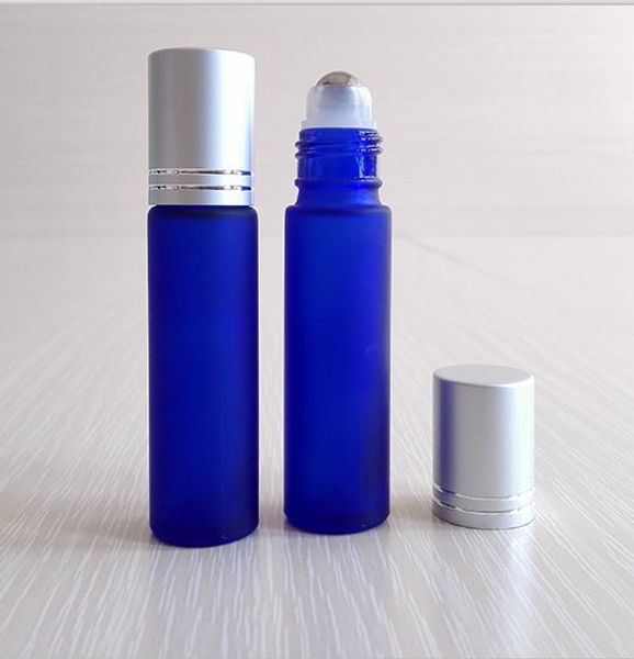 10ML geada azul cobalto Óleos essenciais de rolos garrafas reutilizáveis ​​Perfume Aromaterapia Garrafas roll on com bola de borracha de aço inoxidável