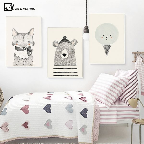 

nicoleshenting nordic art bear canvas poster painting cartoon animal wall picture print children baby room decoration