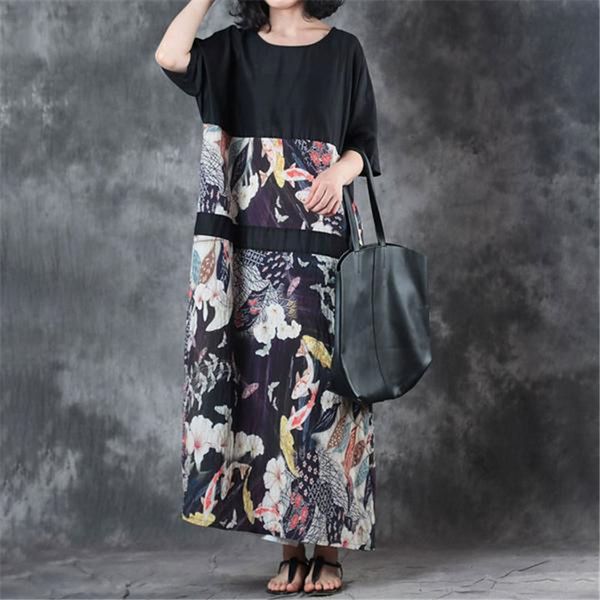 

linen summer women dress retro round neck splicing flax printed short sleeve dress casual loose lady dresses, Black;gray