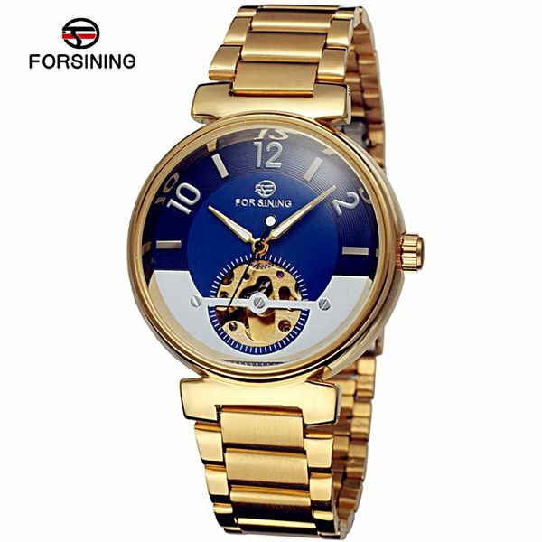 

forsining ocean dial design mechanical watch skeleton golden full stainless steel mens automatic watches clocks, Slivery;brown
