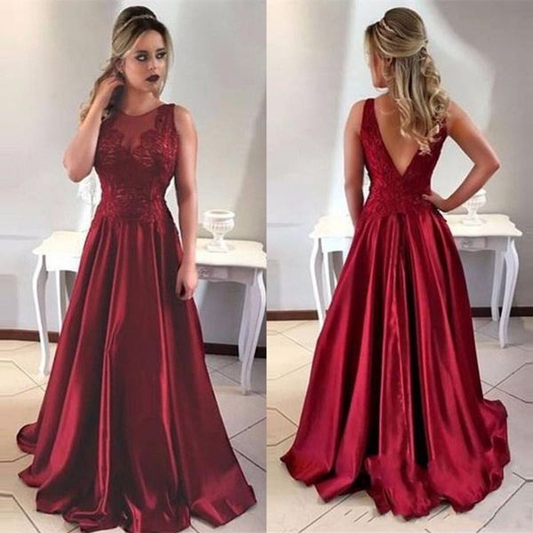 

2020 dark red a line prom dresses sheer neck lace appliques satin backless sweep train special occasion formal party evening gowns vestidos, Black