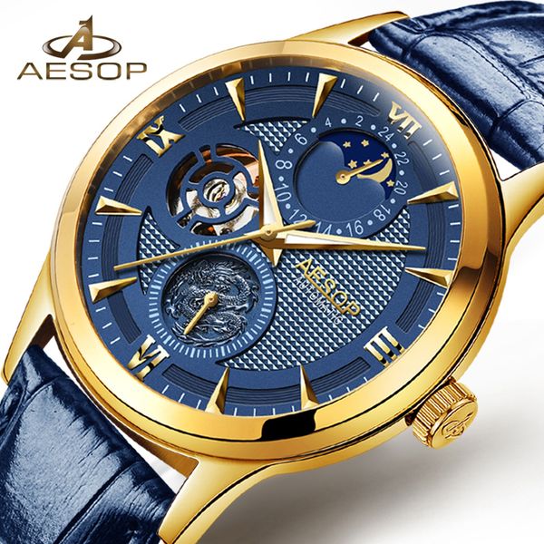Calendário fase AESOP Blue Moon Dial Ouro Mens Relógios Mecânicos Top couro genuíno Strap esqueleto Assista