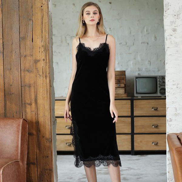 

gold velvet pajamas winter ladies long lace sling split night dress67, Black;red