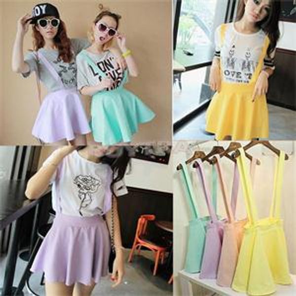 

casual hollow mini skater cute women suspender clothes straps high waist skirt candy color, Black