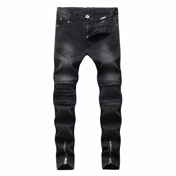 

2018 fashion casual slim fit hip hop streetwear cowboy male men's jeans hole black men's patches zipper leg jeans, Blue