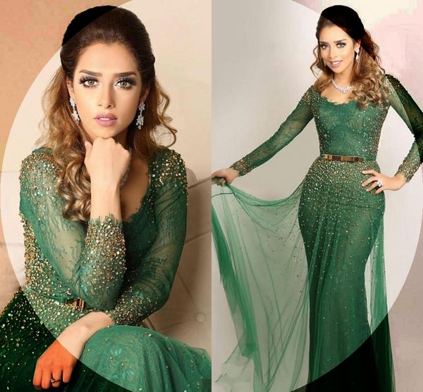 Árabe saudita verde vestidos de noite bateau renda cristal frisado sheer mangas compridas vestidos de baile vestidos de sereia vestidos de noite hy4124