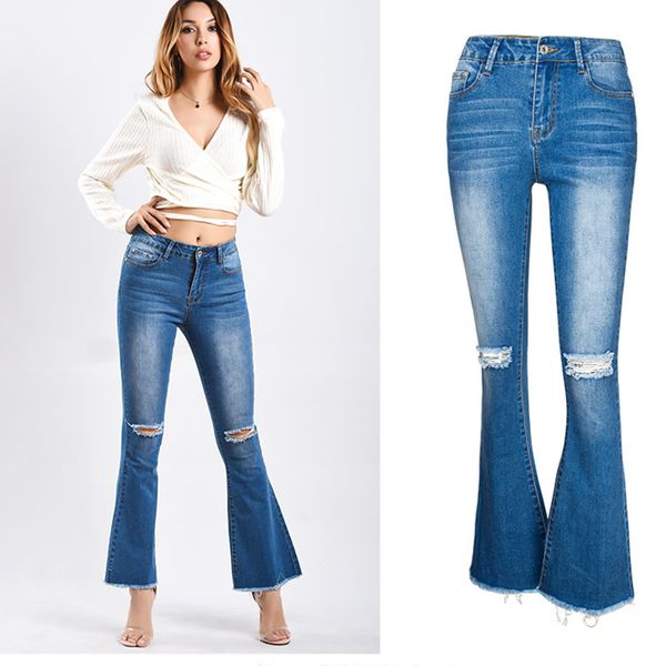 

women's jeans plus size trousers high-size woman wide-leg flared jeans hole raw trousers, Blue