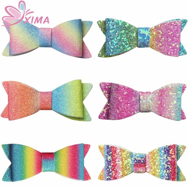 

2pieces 3inch gradient color hair bow boutique hairgrips glitter rainbow bows for party hair clip girls accessories, Slivery;white
