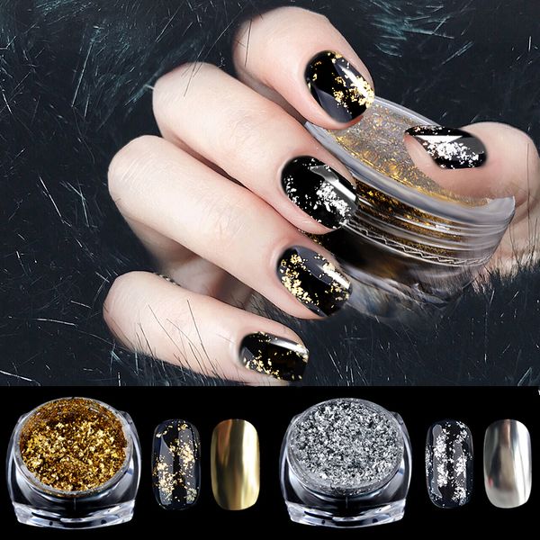 

1box 0.2g gold silver nail art glitter aluminum flakes magic mirror effect powders diy nail gel polish chrome pigment decoration, Silver;gold