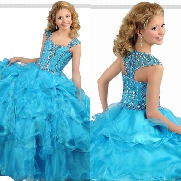 

ocean blue ball gown organza girls pageant dresses 2020 straps layers pleated crystal glitz kids formal party dress