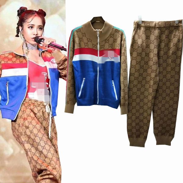 

Wool-blend Double-letter Color Red, White, and Blue Zip Cardigan Jacket + Trousers