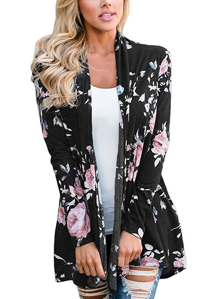

женские цветочные кимоно бикини кардиган свободные пляж прикрыть блузка 2018 пиджаки плюс размер цветочные boho нерегулярные обернуть случай, Black
