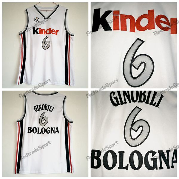 Herren-Manu-Ginobili-Trikot Nr. 6 Virtus Kinder Bologna Europäische Basketball-Trikots genähte weiße Camiseta De Baloncesto-Hemden S-XXL
