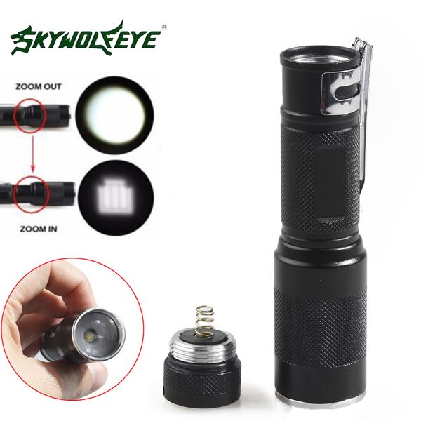 

2018 real self defense zoomable skywolfeye e526 super bright xm-l q5 led flashlight torch 3 mode flash light for outdoor camping hiking lamp