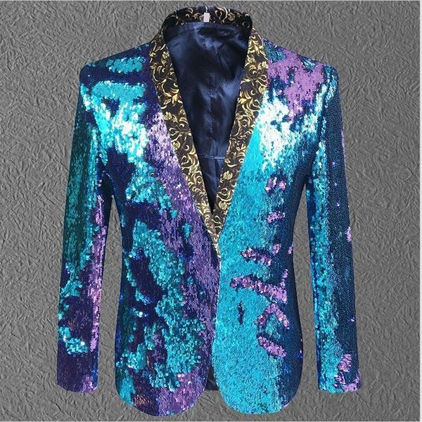 

s-5xl tide men double-color sequins suit jacket punk nightclub bar dj fashion flip paillette blazer stage singer costumes, White;black