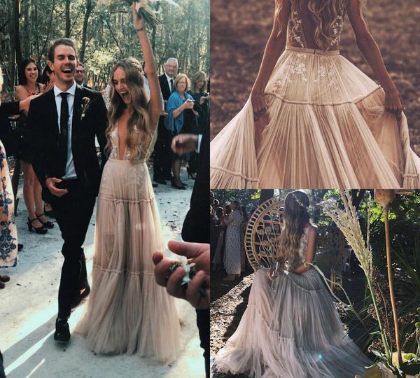 

bohemian wedding dresses deep v neck sweep train backless lace appliques vintage bridal gowns custom made plus size wedding dress, White