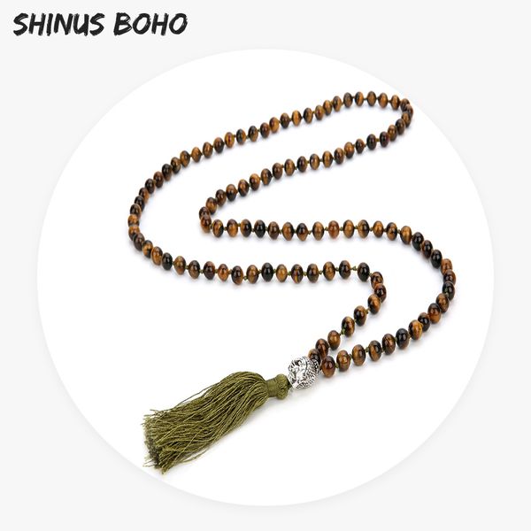 

shinusboho tiger eyes strand necklace for men women amazonite beads tassel pendant necklace buddha 108 mala kolye couple present, Silver