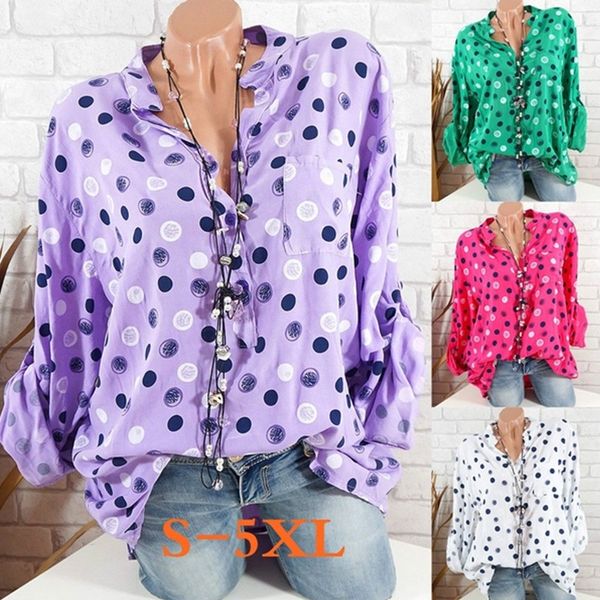 

весенние взрывы женские и женские европейские и американские точка печати воротник с длинными рукавами головы патч карманные женские рубашки, White