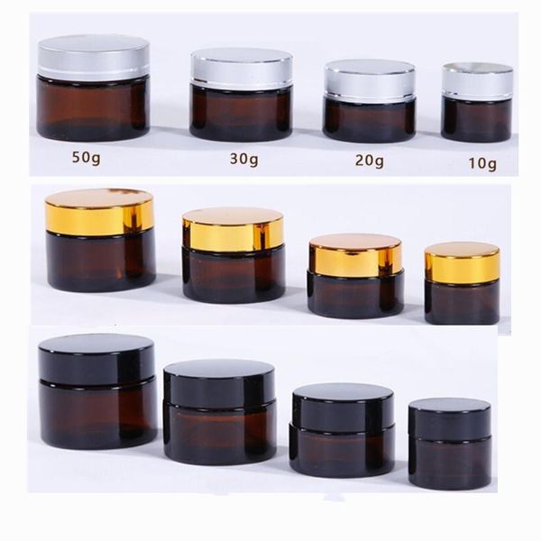 5G 10G 15G 20G 30G 50G Amber Glass Face Cream Bottle Bottle Cosmetic Recurter com forros internos e tampas pretas prateadas douradas