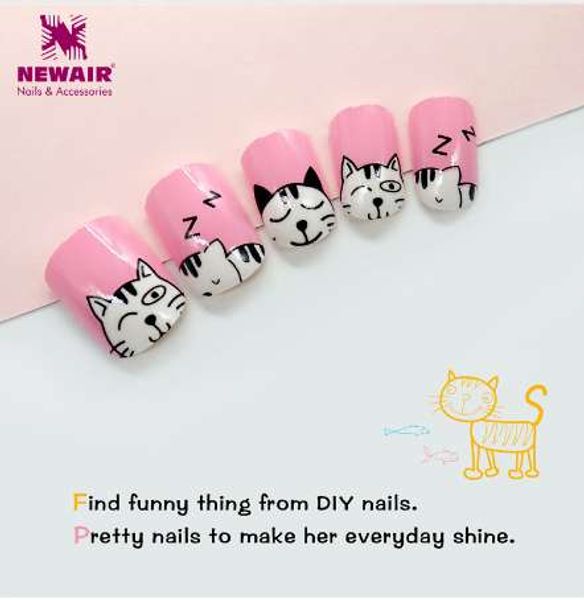 

24pcs press on kids false nail tips cartoon cat full cover pink fake nails art girls children acrylic cute animals patterns, Red;gold
