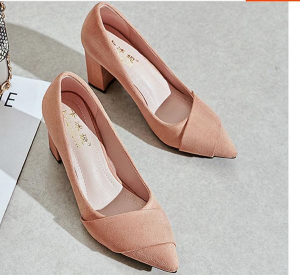 

send single shoes 2018 spring new style pointed end shallow mouth korean coarse heel high heeled women's shoes, Black