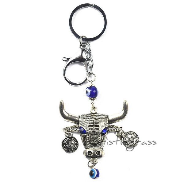 

bristlegrass turkish blue evil eye rhinestone ox bull head keychain key chains ring holder amulets blessing pendant lucky charms, Silver