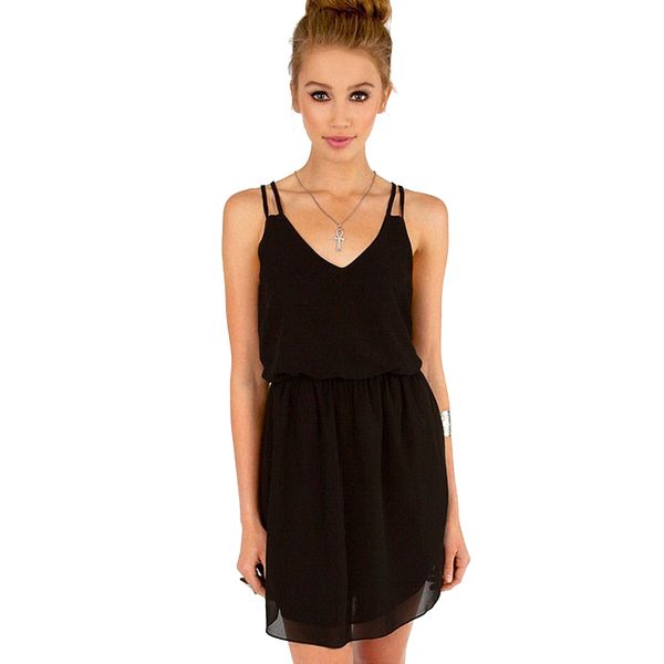 

new summer style chiffon party dress women casual v neck beach dress sleeveless red black sweet mini dresses plus size wholesale, Black;gray