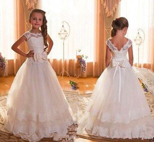

new bow flower girls dresses first communion dresses for weddings scoop backless with appliques ball gown princess children wedding gowns, White;red