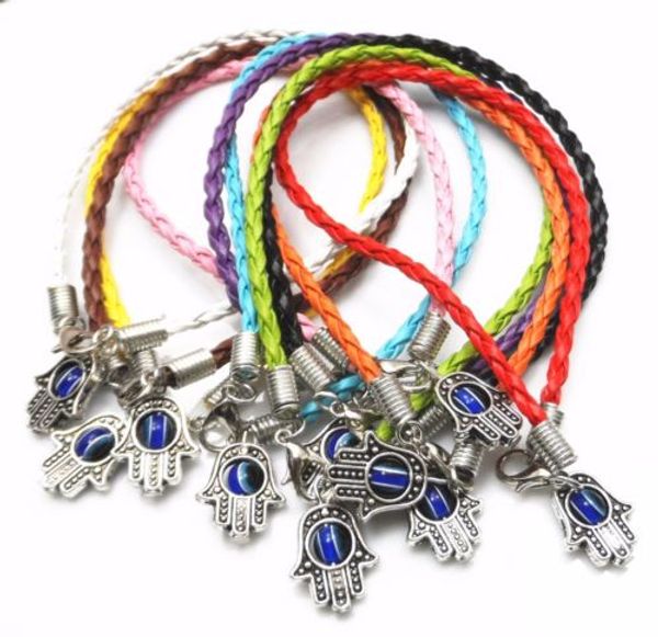 

30pcs/lot mixed hamsa hand evil eye string bracelets lucky charms pendant leather diy new, Golden;silver