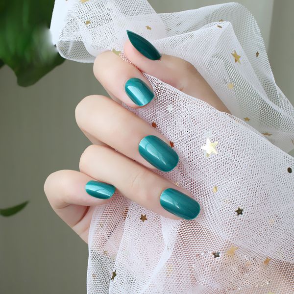 

24pcs adorable fashion candy oval decorative fake nails long round section deep blue l564, Red;gold