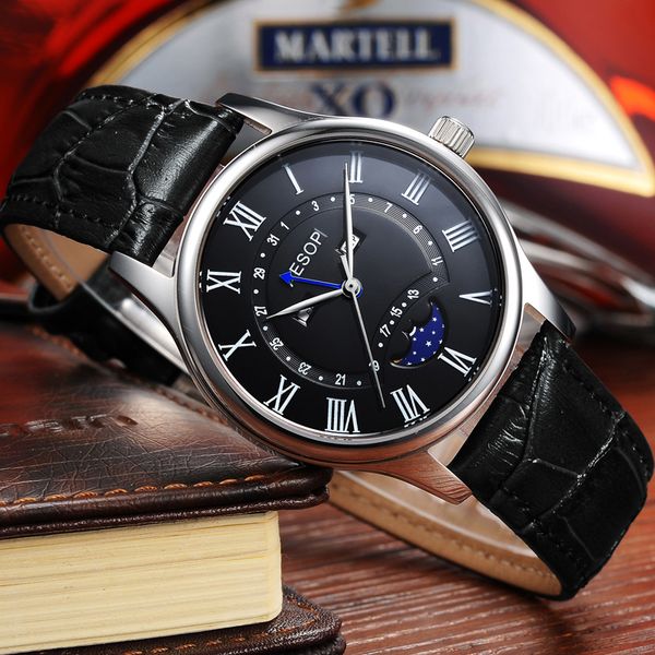 

aesop 2018 fashion men watch men sapphire crystal quartz wrist wristwatch moon phase leather male clock relogio masculino hodinky 46-8848g, Slivery;brown