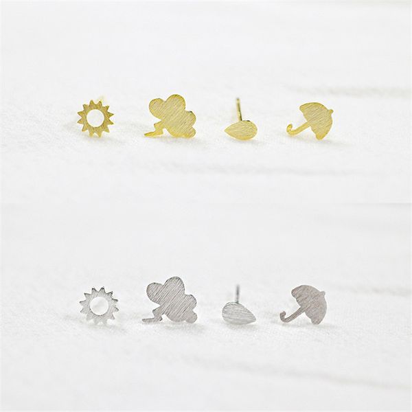

new simple design 925 sterling silver asymmetric earring lighting storm clouds rain waterdrops umbrella shape stud earring for women, Golden;silver