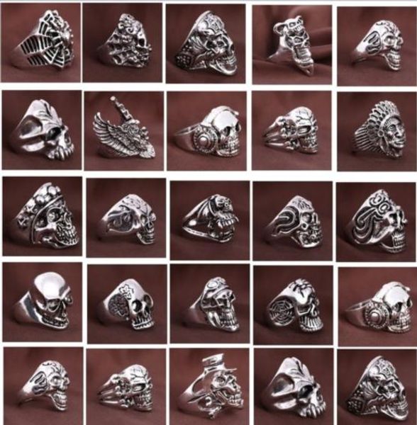

wholesale 30pcs/lot vintage sports men's gothic skull rings metal rock jewelry mixed styles 18-22mm(color:silver), Golden;silver