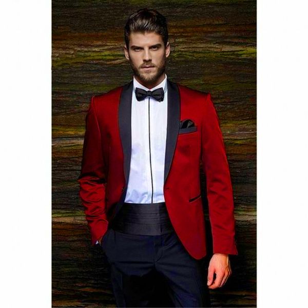 Moda Red Men Casamento Smoking Smoking de alta Qualidade Smoking Black Shawl Lapela Um Botão Homens Blazer 2 Piece Suit (Jacket + Pants + Tie + Cinturão) 206