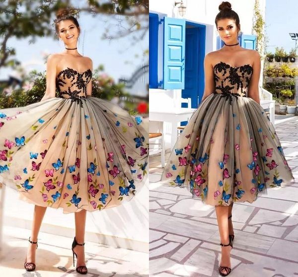 

colorful butterfly black nude prom dresses sweetheart appliques tulle calf length midi short party dresses zipper up