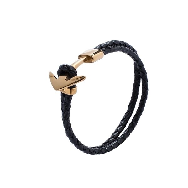 

classic fashion black leather braided anchor men's bracelet pw766, Golden;silver