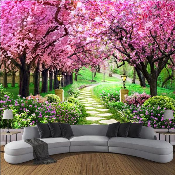 

Пользовательские 3D Фото Обои Цветок Романтический Cherry Blossom Tree Маленькая Дорога Стены Росписи Обоев Для Гостиной Спальня De Parede