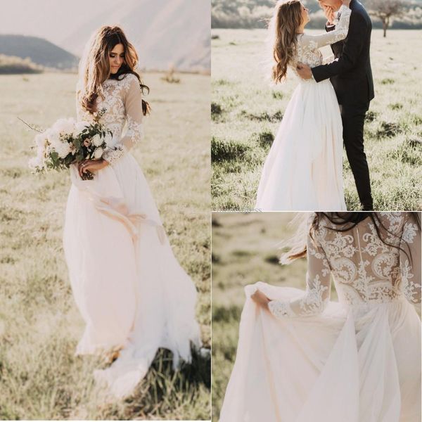

New Long Sleeves Country Wedding Dresses 2019 Jewel Appliques Champagne Lining A Line Chiffon Bohemian Boho Bridal Gowns Cheap Custom Made
