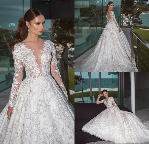 

2019 new arrival wedding dresses v neck lace appliques beads sweep train gorgeous country bridal gowns long sleeve wedding dress plus size, White